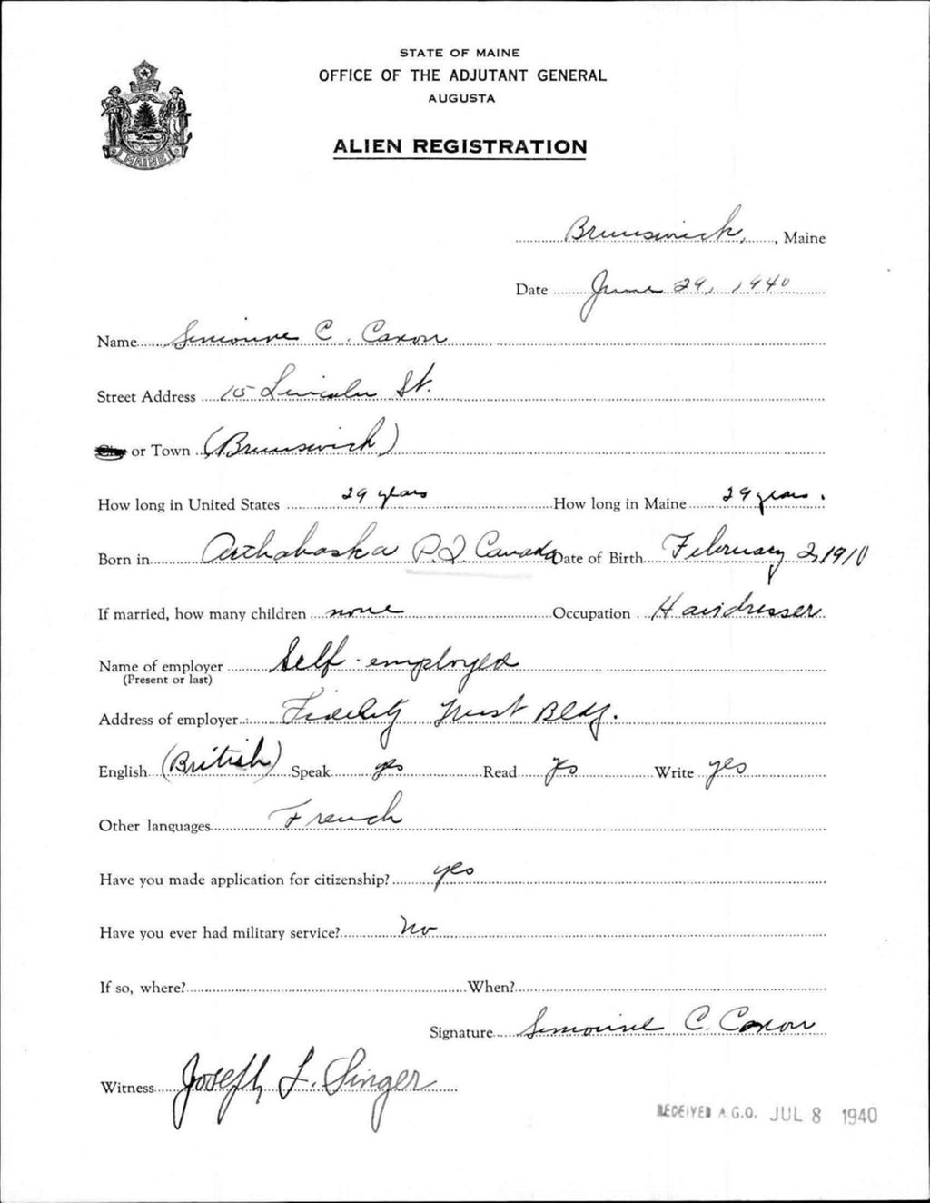 Miniature of Alien Registration- Caron, Simonine C. (Brunswick, Cumberland County)