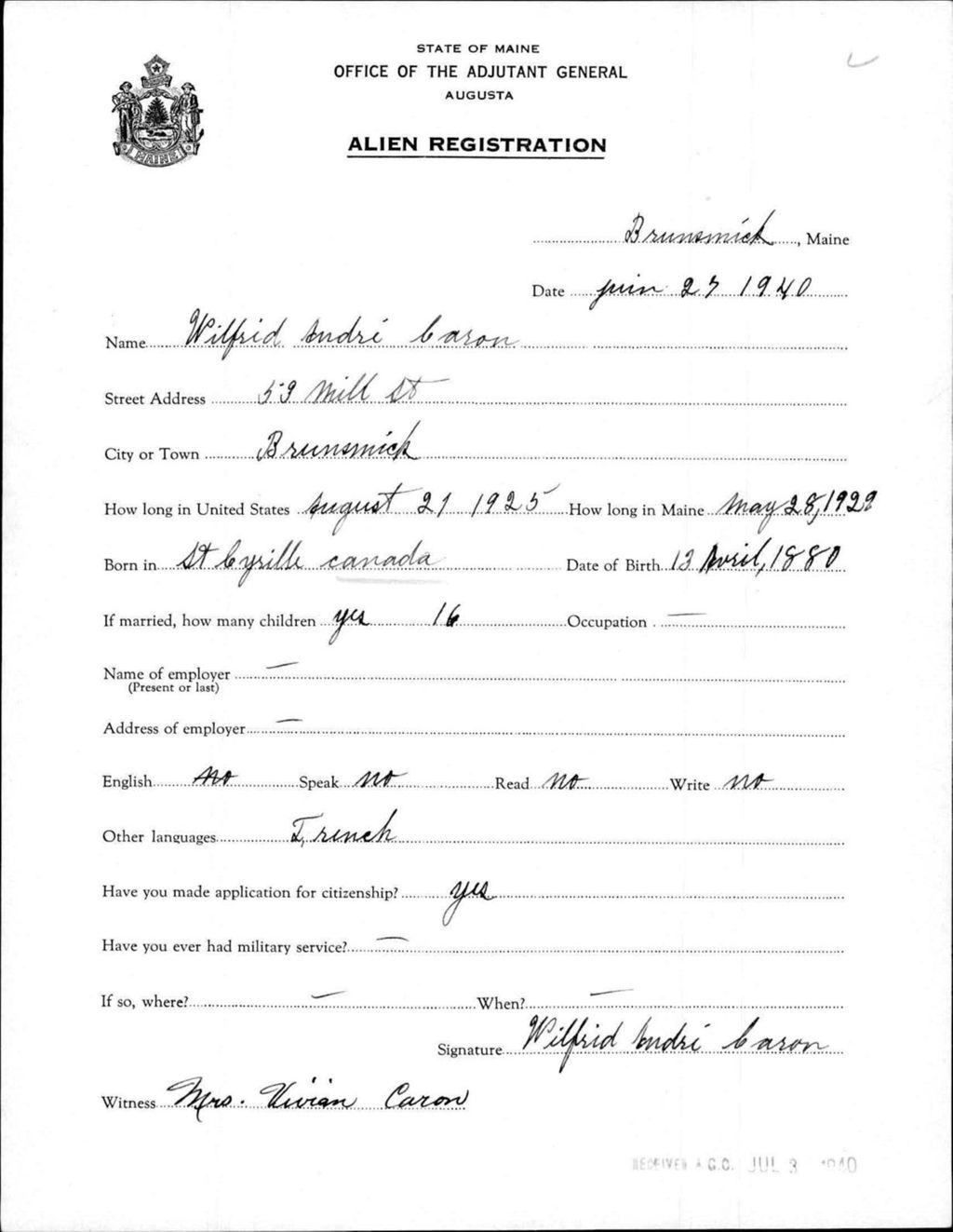 Miniature of Alien Registration- Caron, Wilfred A. (Brunswick, Cumberland County)