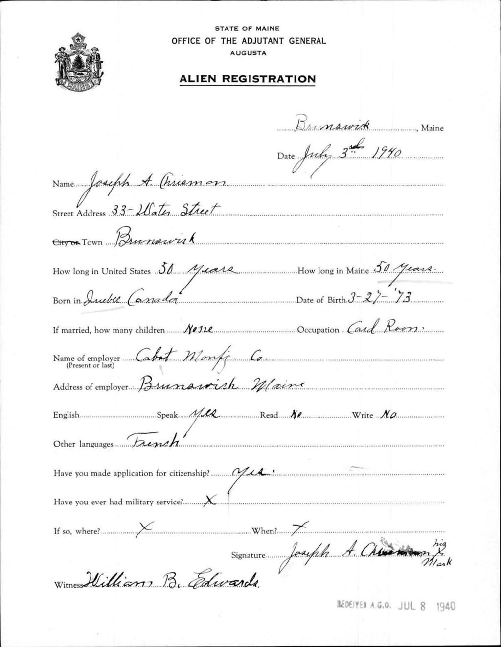 Miniature of Alien Registration- Chrisman, Joseph A. (Brunswick, Cumberland County)