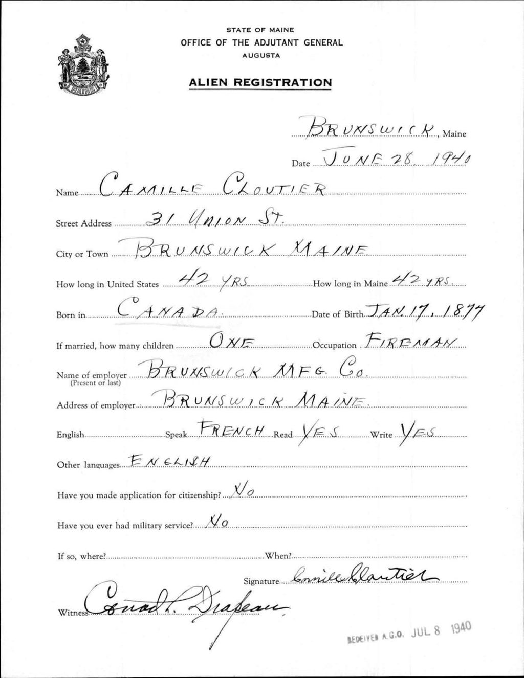 Miniature of Alien Registration- Cloutier, Camille (Brunswick, Cumberland County)