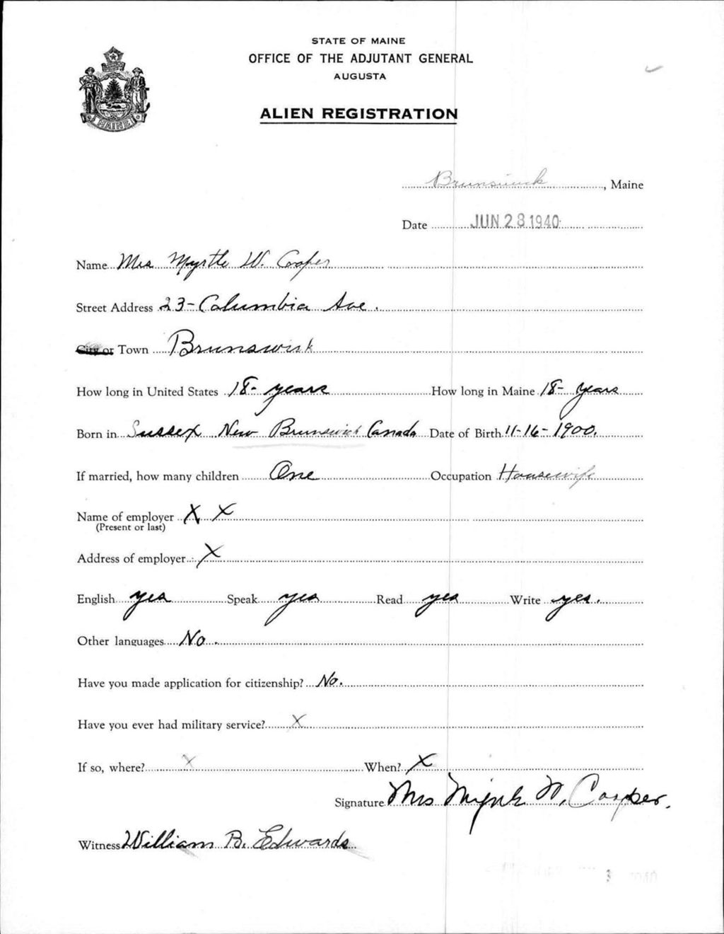 Miniature of Alien Registration- Cooper, Myrtle W. (Brunswick, Cumberland County)