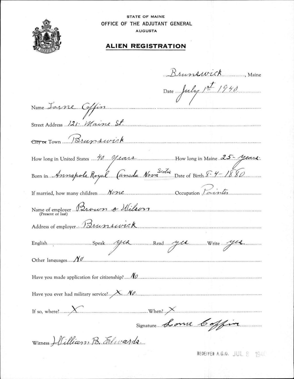 Miniature of Alien Registration- Coffin, Larne (Brunswick, Cumberland County)