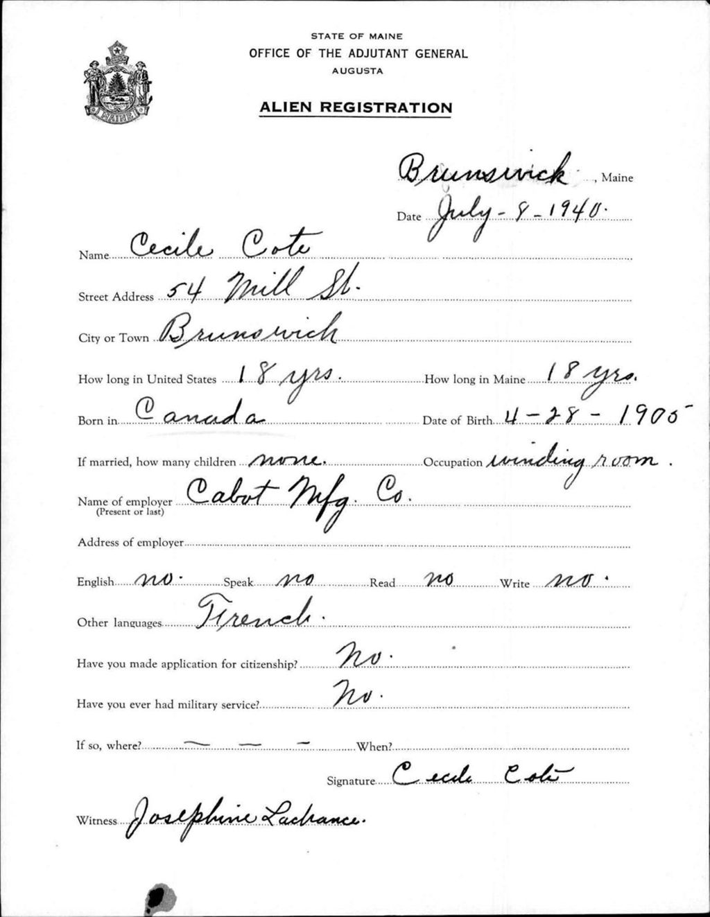 Miniature of Alien Registration- Cote, Cecile (Brunswick, Cumberland County)
