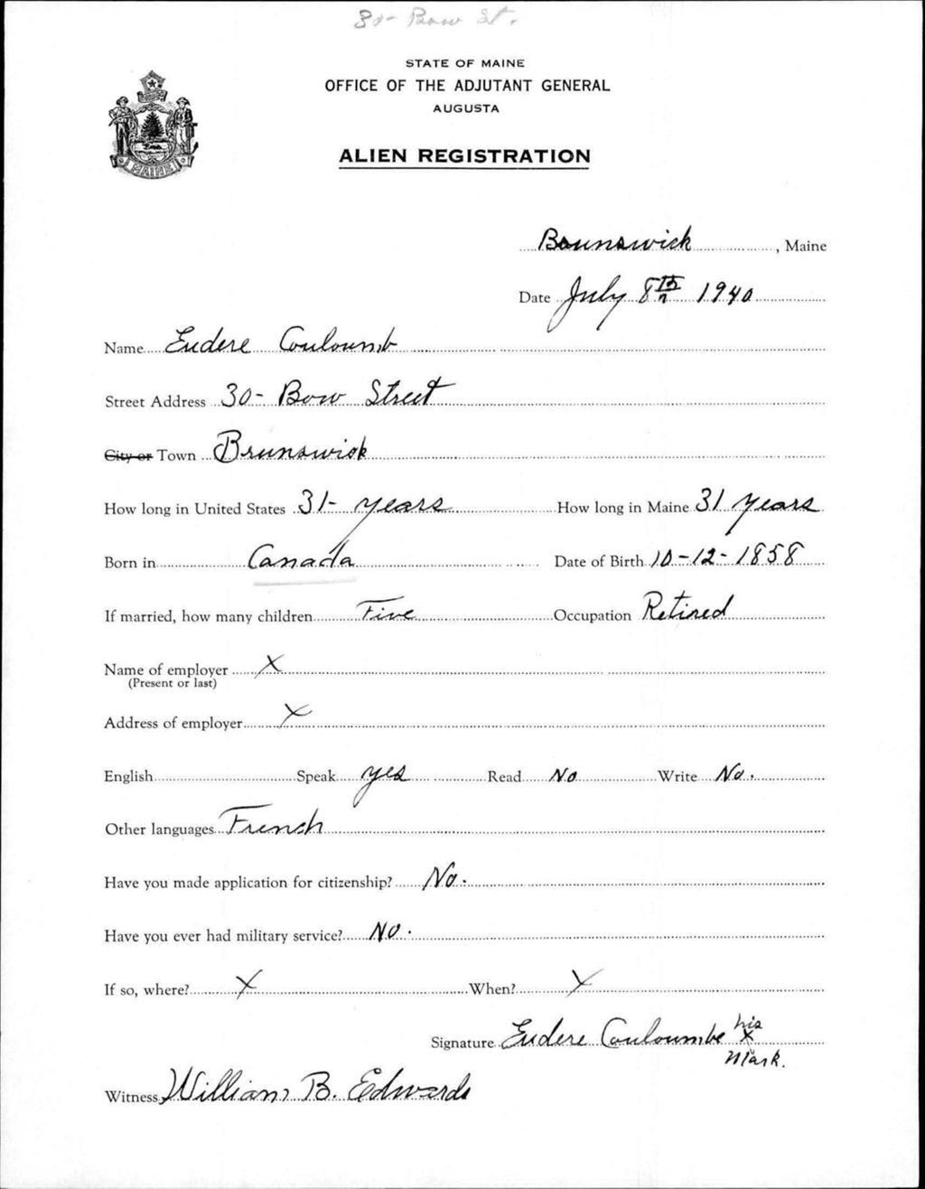Miniature of Alien Registration- Couloumb, Endere (Brunswick, Cumberland County)