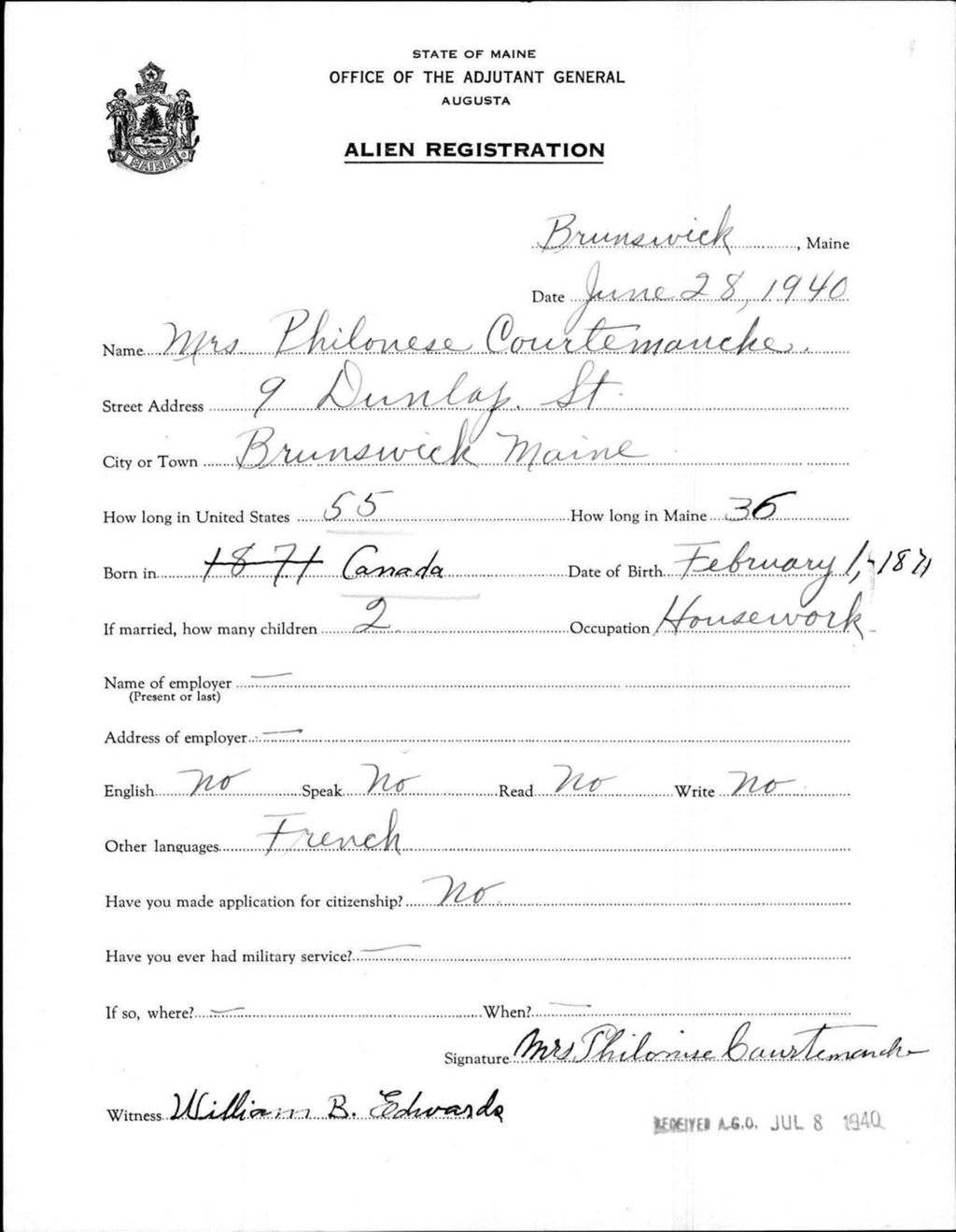 Miniature of Alien Registration- Courtemarche, Philonese (Brunswick, Cumberland County)