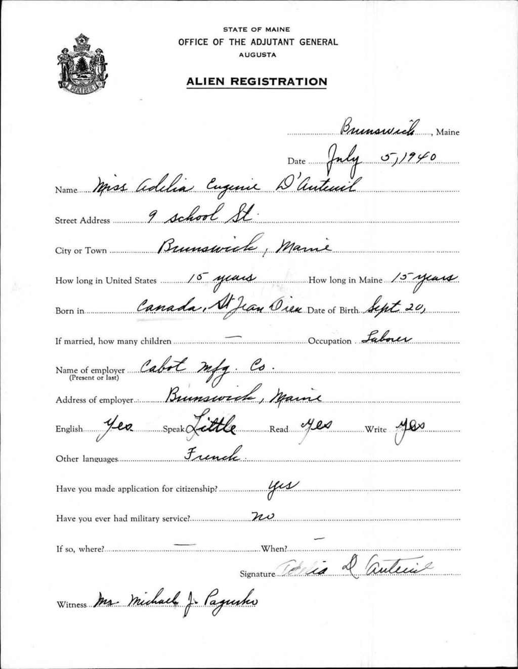Miniature of Alien Registration- D'Auteuil, Adelia E. (Brunswick, Cumberland County)