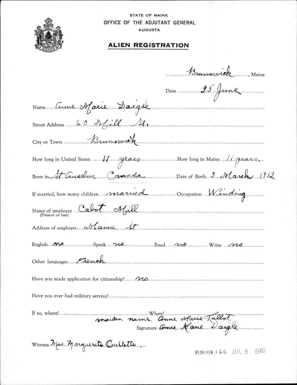 Miniature of Alien Registration- Daigle, Anne M. (Brunswick, Cumberland County)