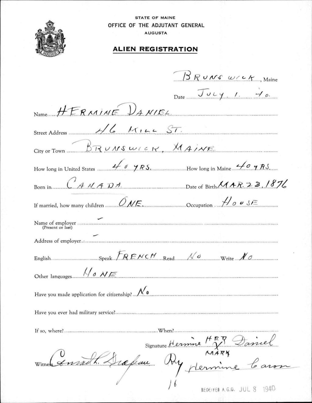 Miniature of Alien Registration- Daniel, Hermine (Brunswick, Cumberland County)