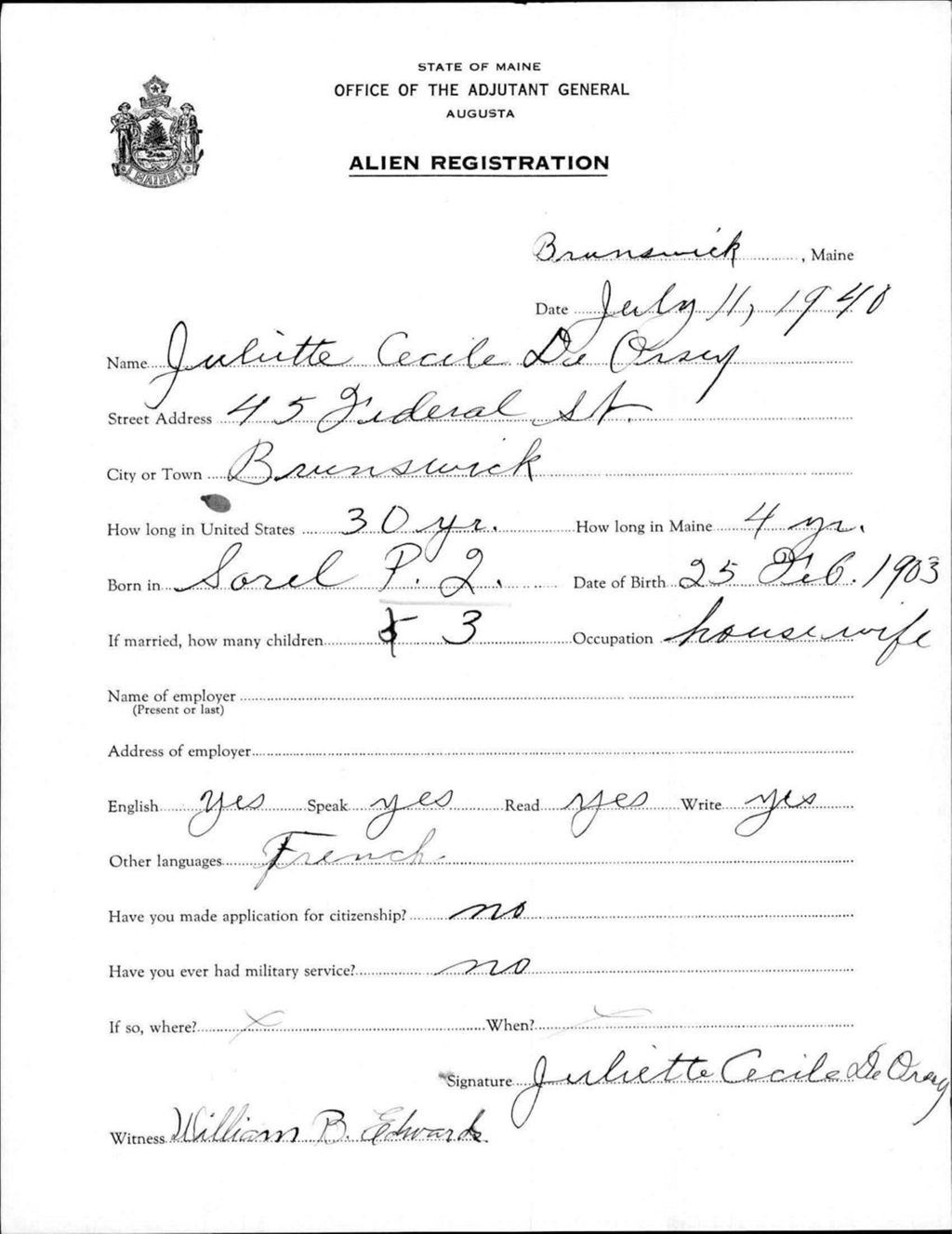 Miniature of Alien Registration- Deorsey, Juliette C. (Brunswick, Cumberland County)