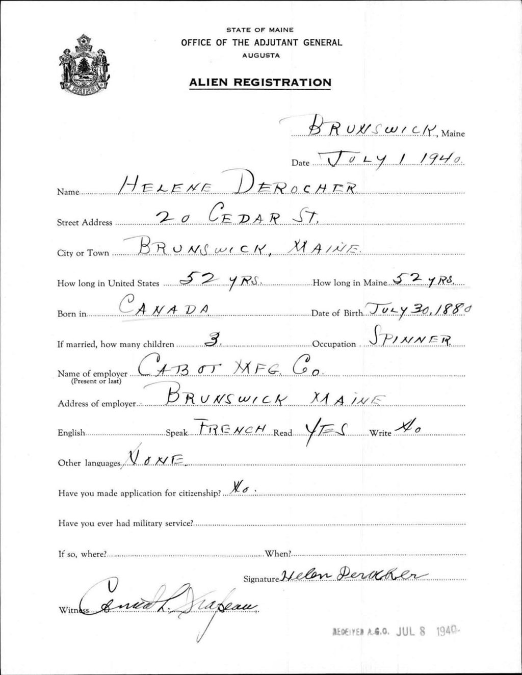 Miniature of Alien Registration- Deroucher, Helene (Brunswick, Cumberland County)