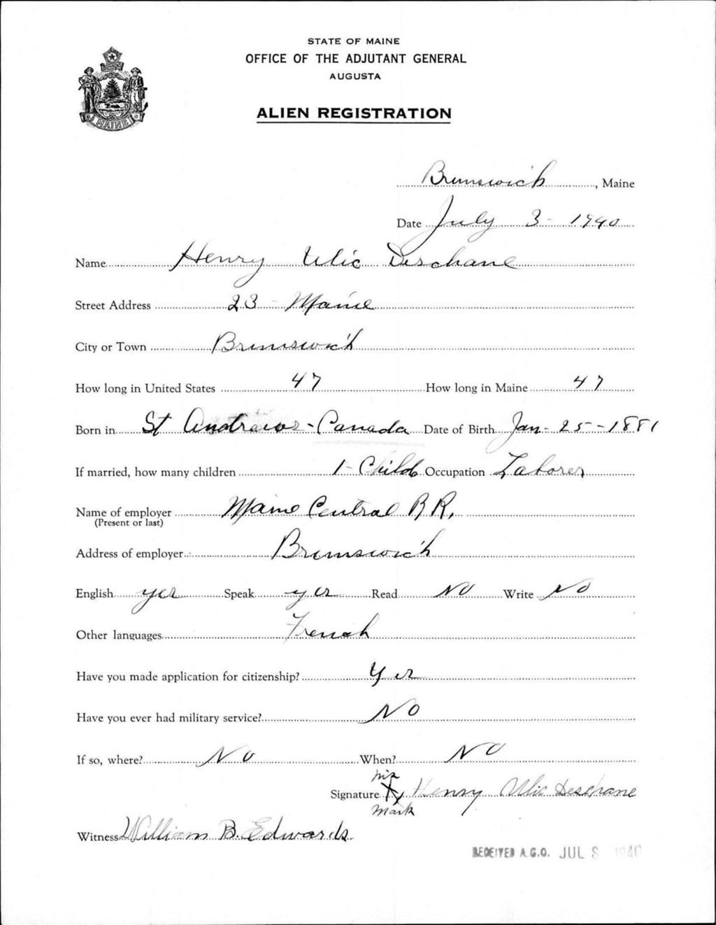 Miniature of Alien Registration- Deschane, Henry U. (Brunswick, Cumberland County)