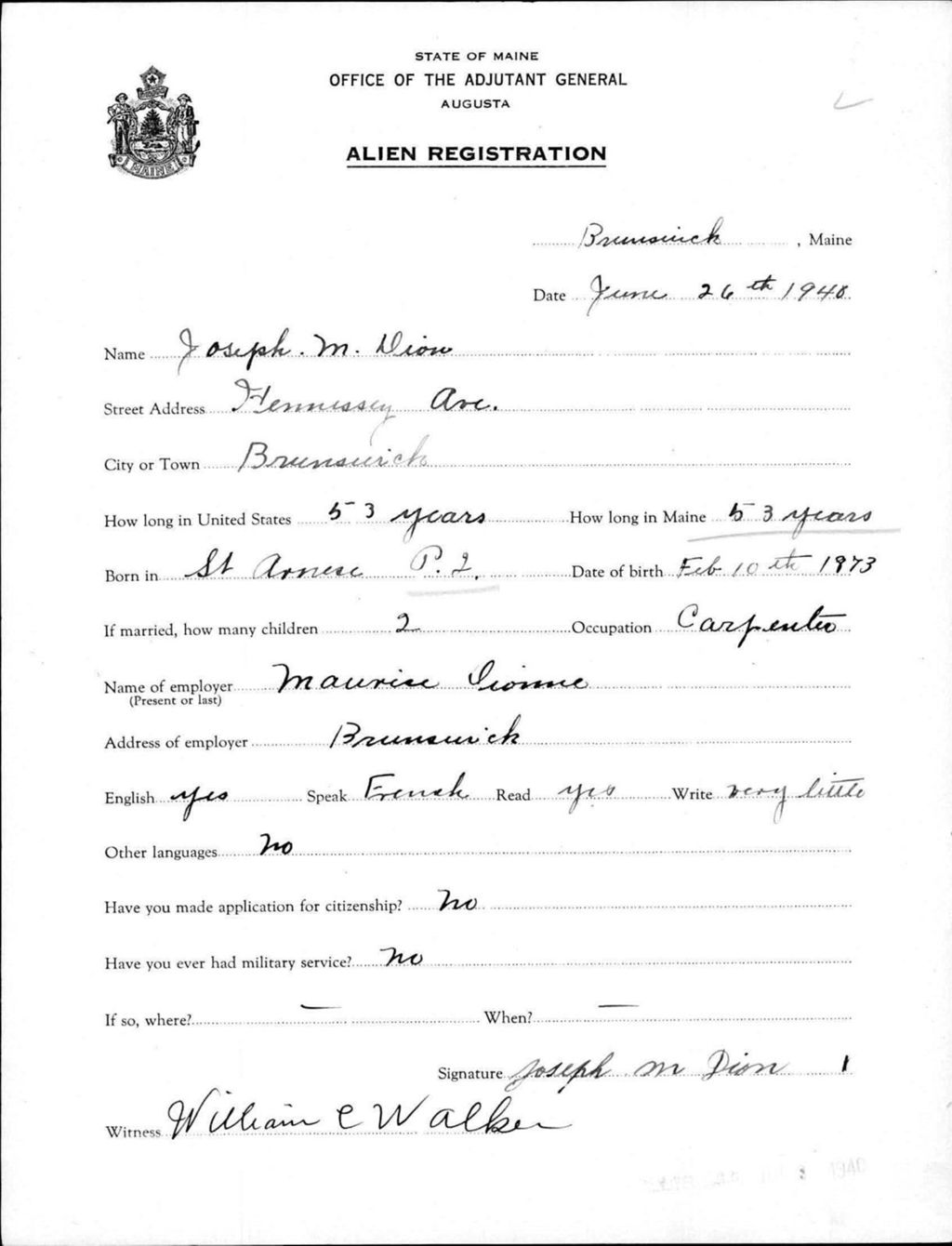 Miniature of Alien Registration- Dion, Joseph M. (Brunswick, Cumberland County)
