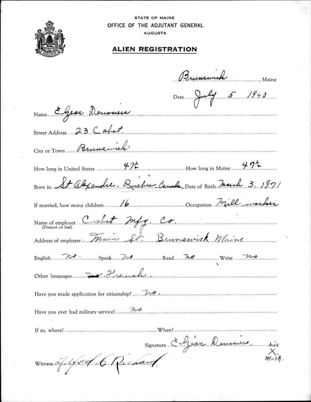 Miniature of Alien Registration- Derrosiers, Elzear (Brunswick, Cumberland County)