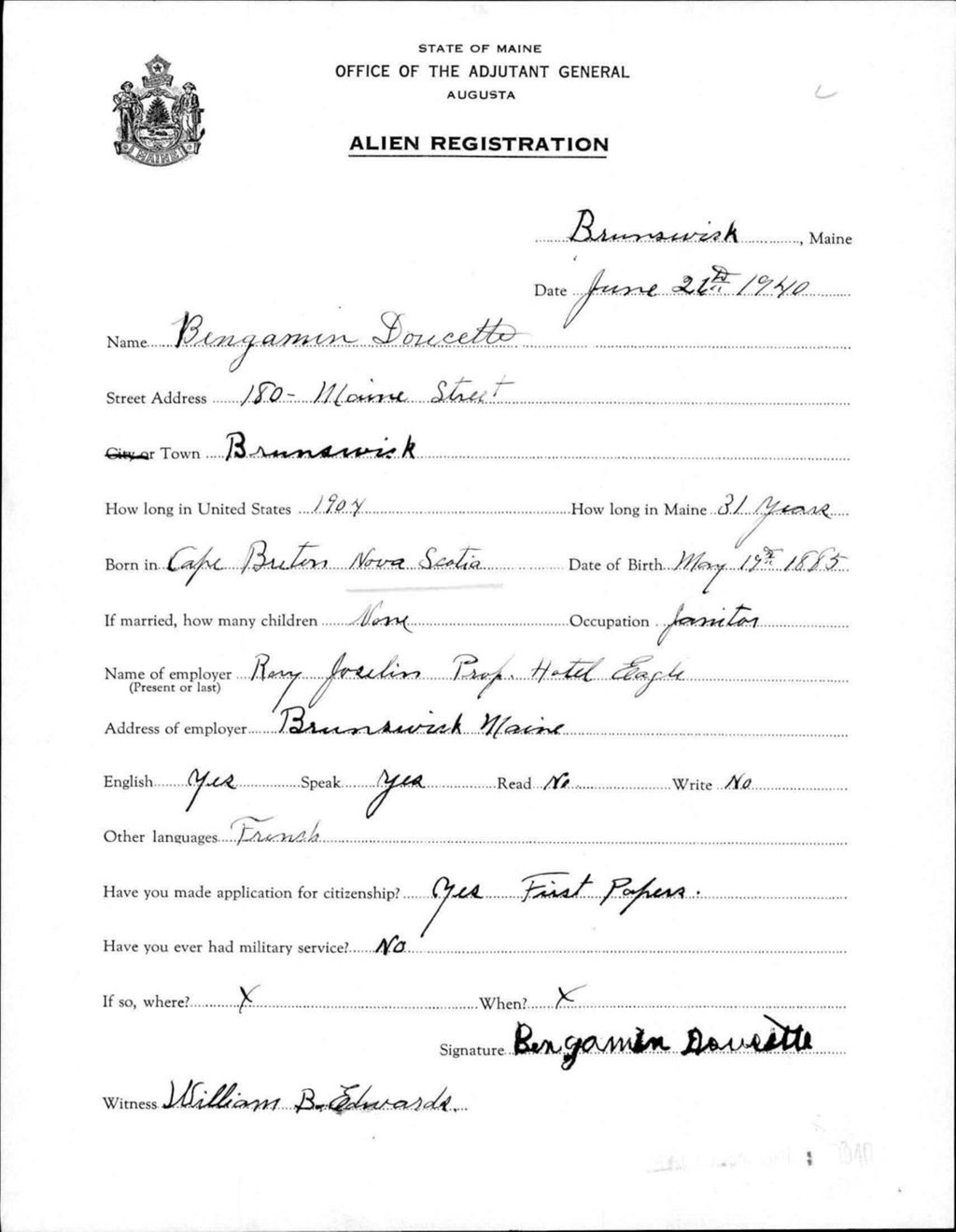 Miniature of Alien Registration- Doucette, Benjamin (Brunswick, Cumberland County)