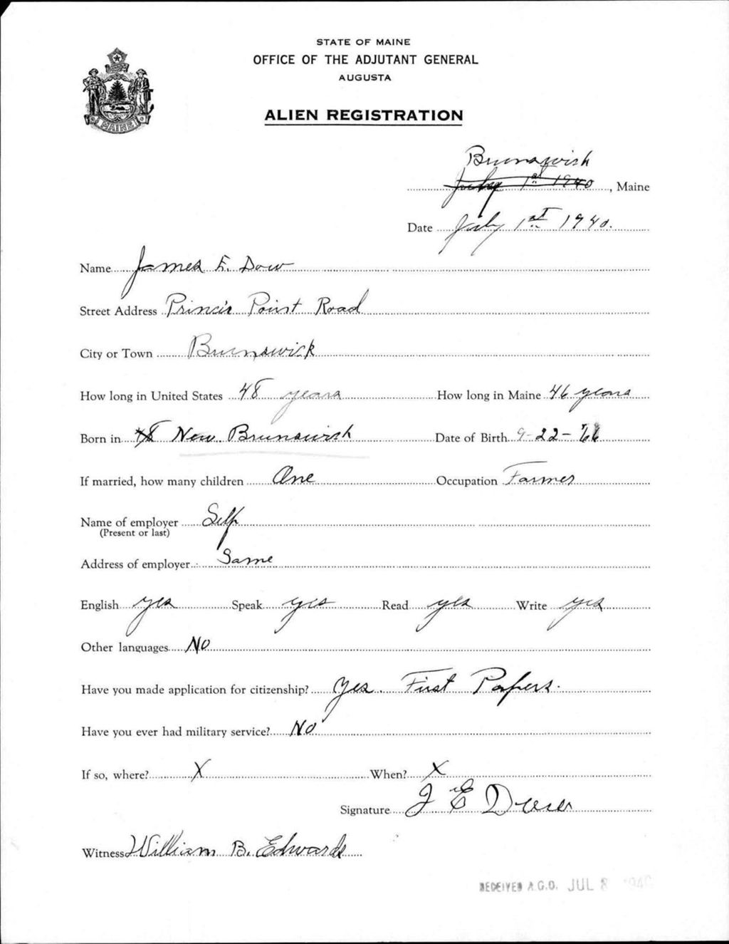 Miniature of Alien Registration- Dow, James E. (Brunswick, Cumberland County)
