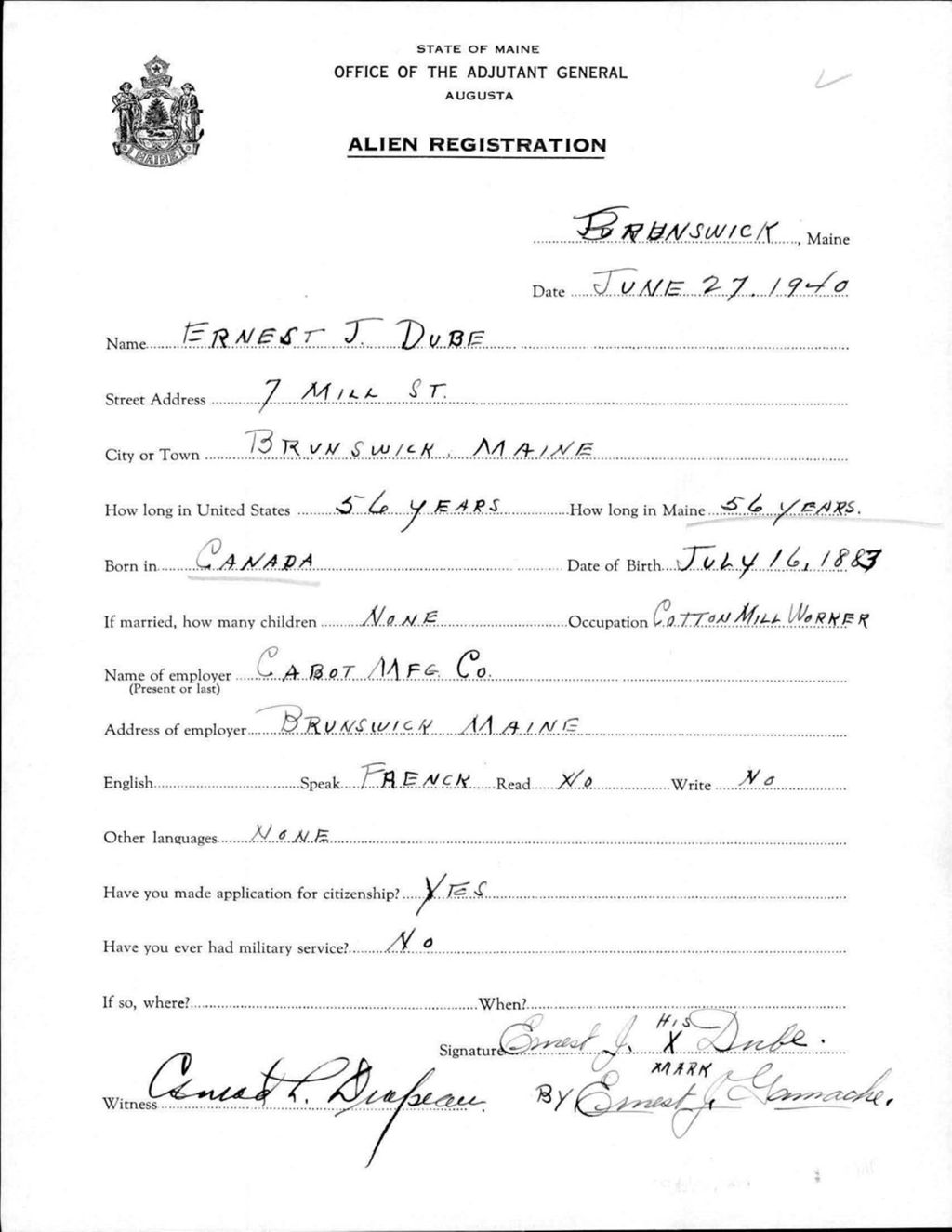 Miniature of Alien Registration- Dube, Ernest J. (Brunswick, Cumberland County)