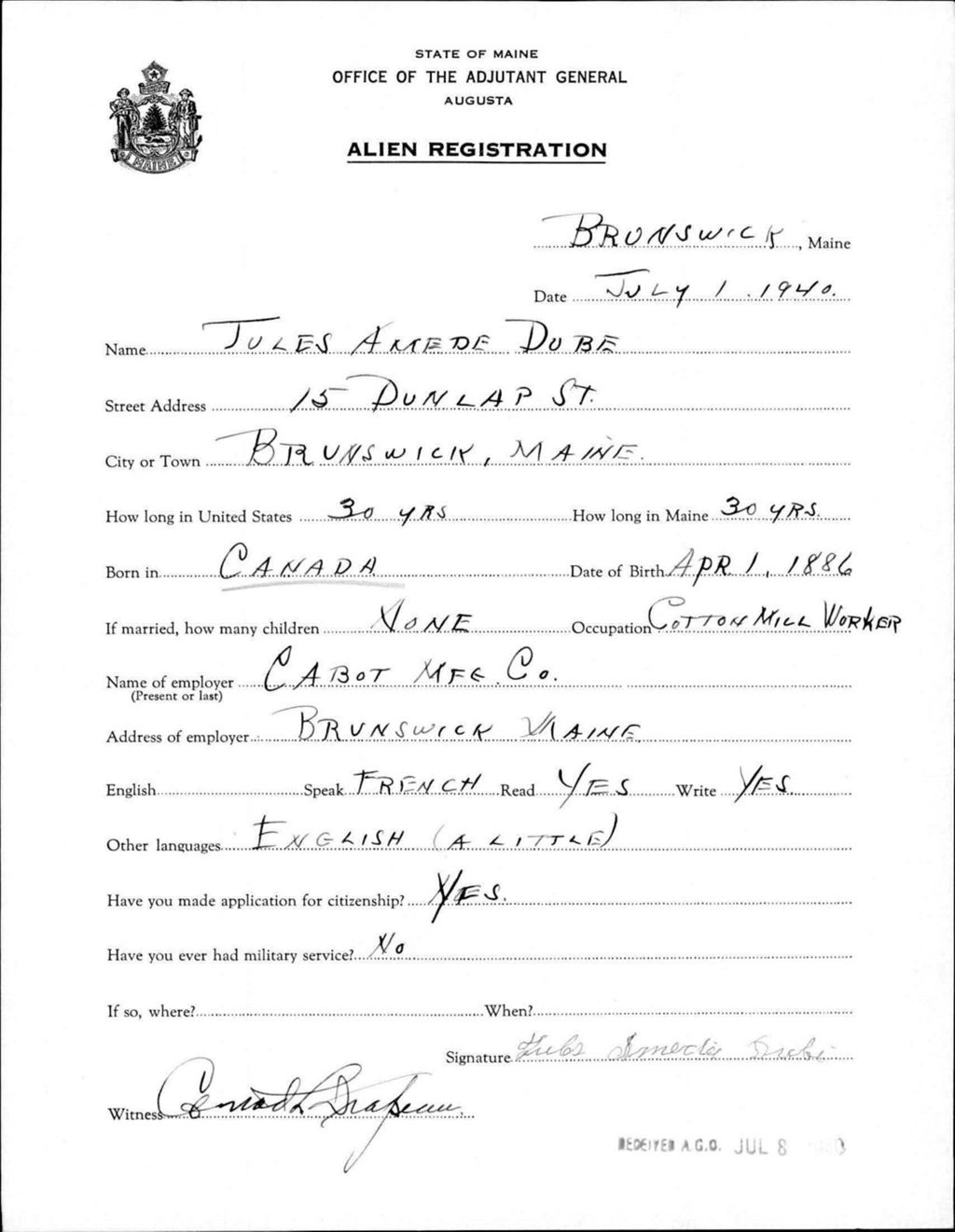 Miniature of Alien Registration- Dube, Jules A. (Brunswick, Cumberland County)