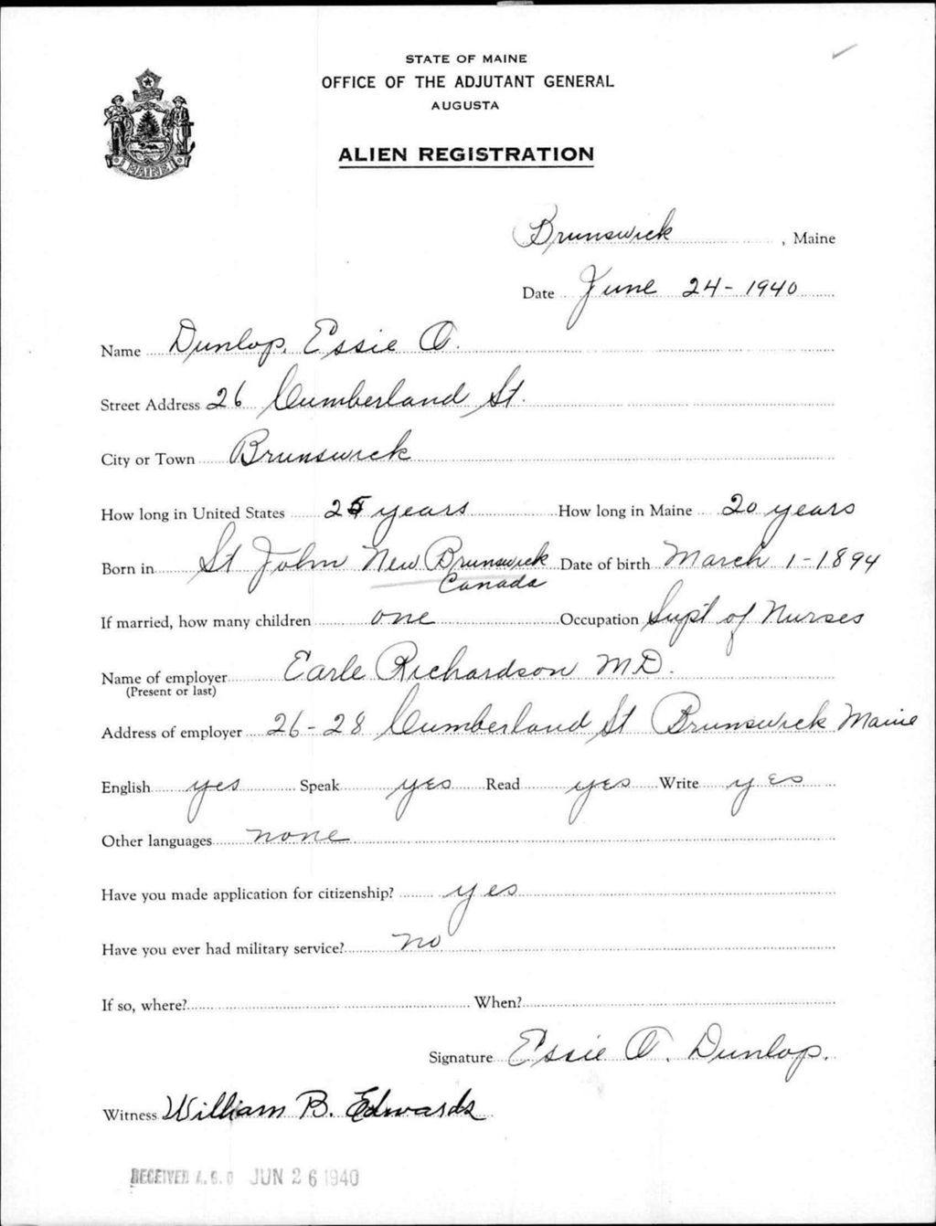 Miniature of Alien Registration- Dunlop, Essie O. (Brunswick, Cumberland County)