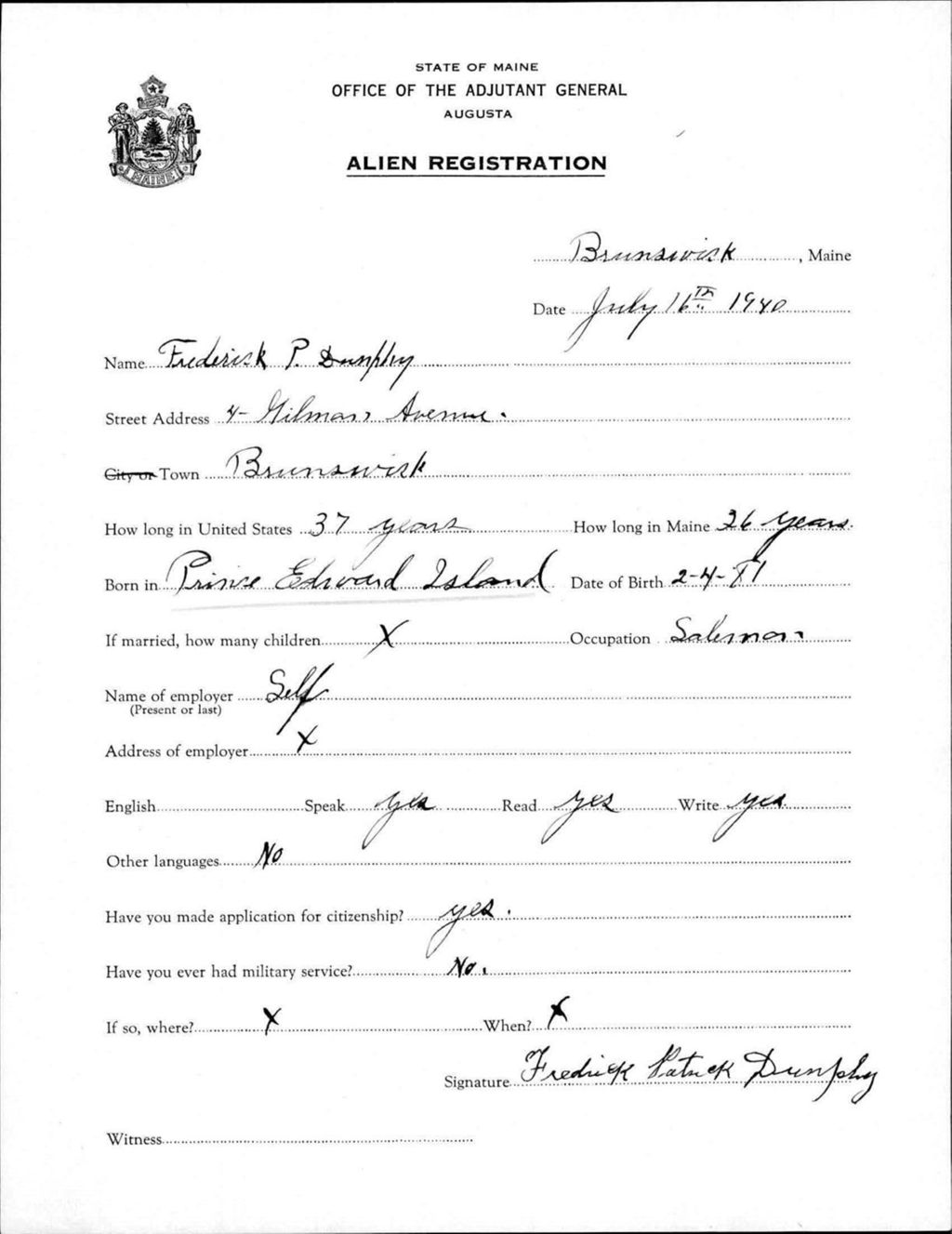 Miniature of Alien Registration- Dunphey, Frederick P. (Brunswick, Cumberland County)