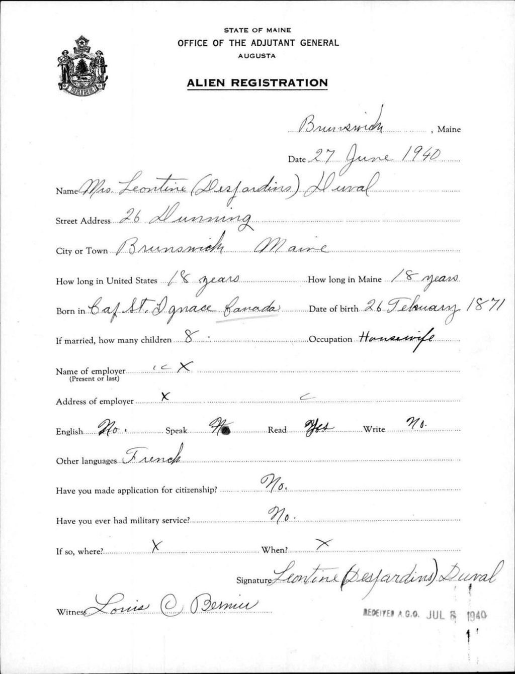 Miniature of Alien Registration- Desjardins, Leontine (Brunswick, Cumberland County)