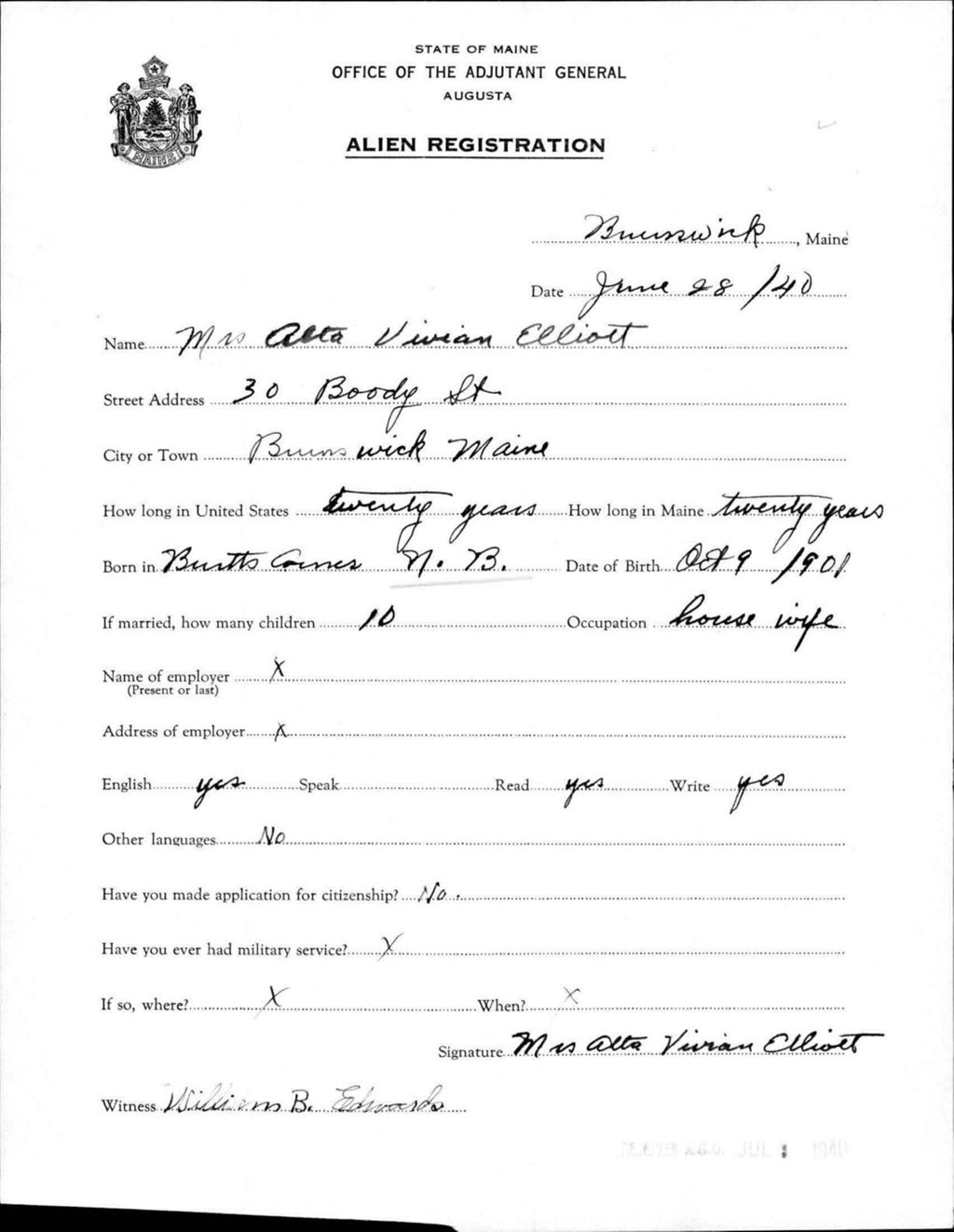 Miniature of Alien Registration- Elliott, Alta V. (Brunswick, Cumberland County)