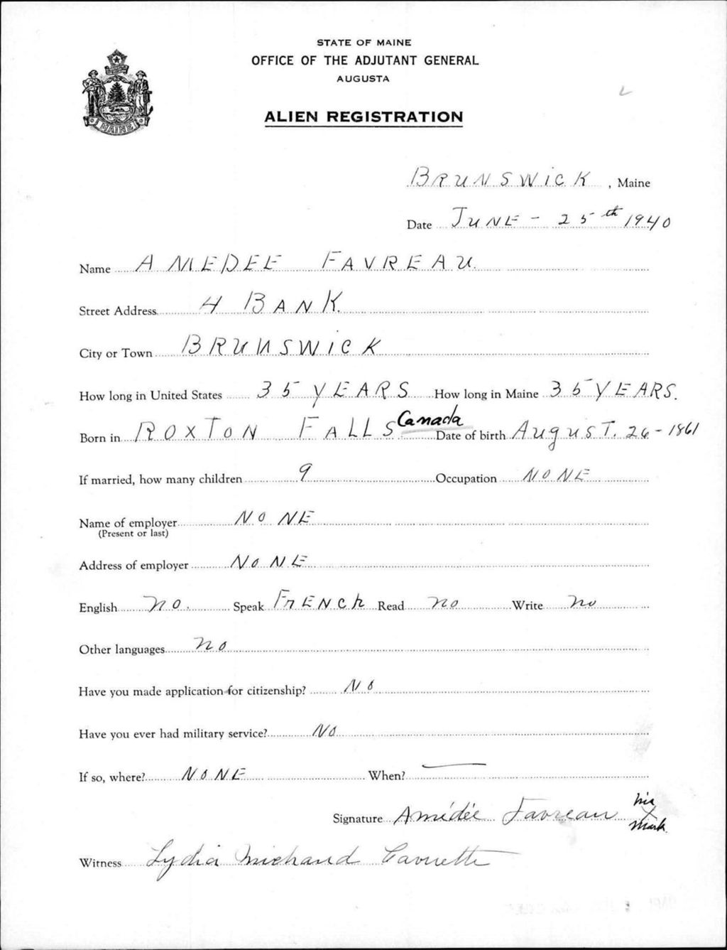 Miniature of Alien Registration- Favreau, Amedee (Brunswick, Cumberland County)