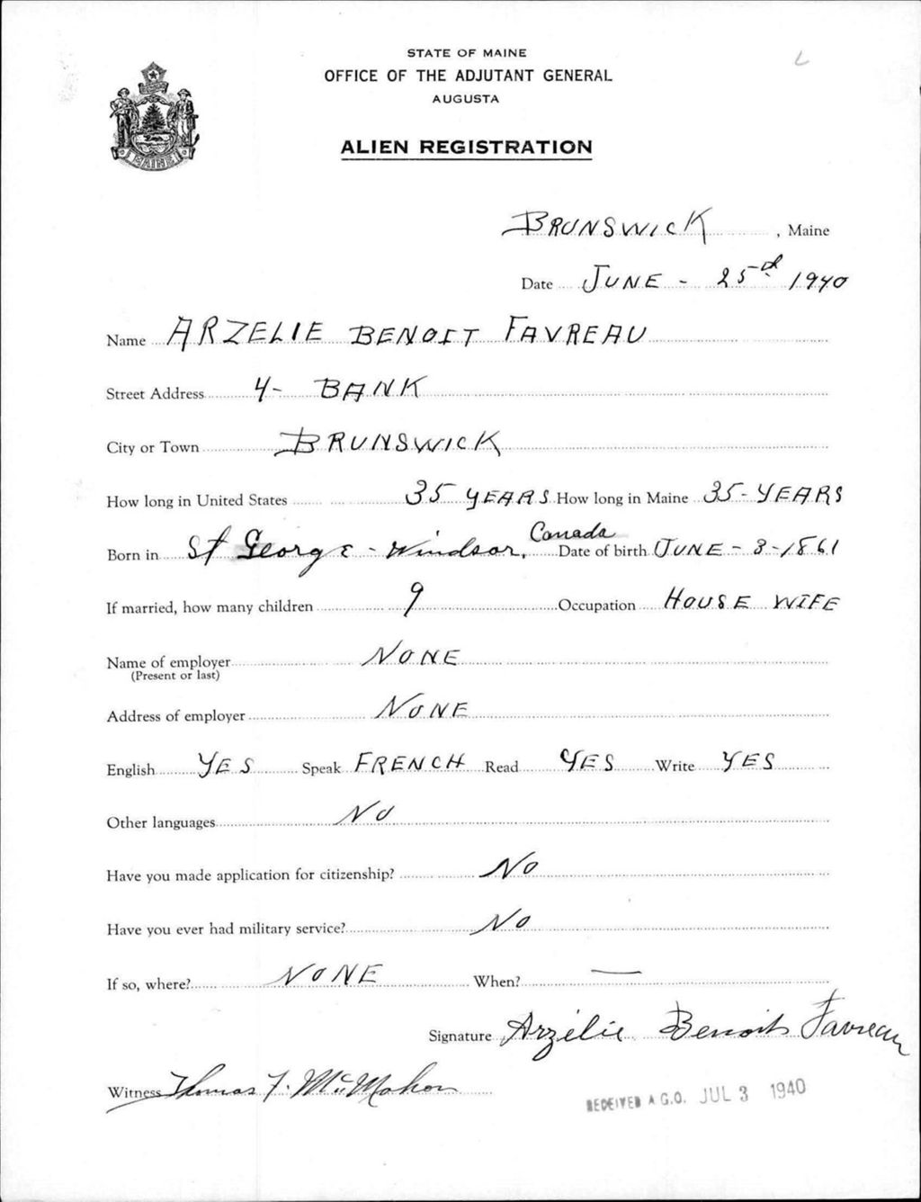 Miniature of Alien Registration- Benoit, Arzelie (Brunswick, Cumberland County)