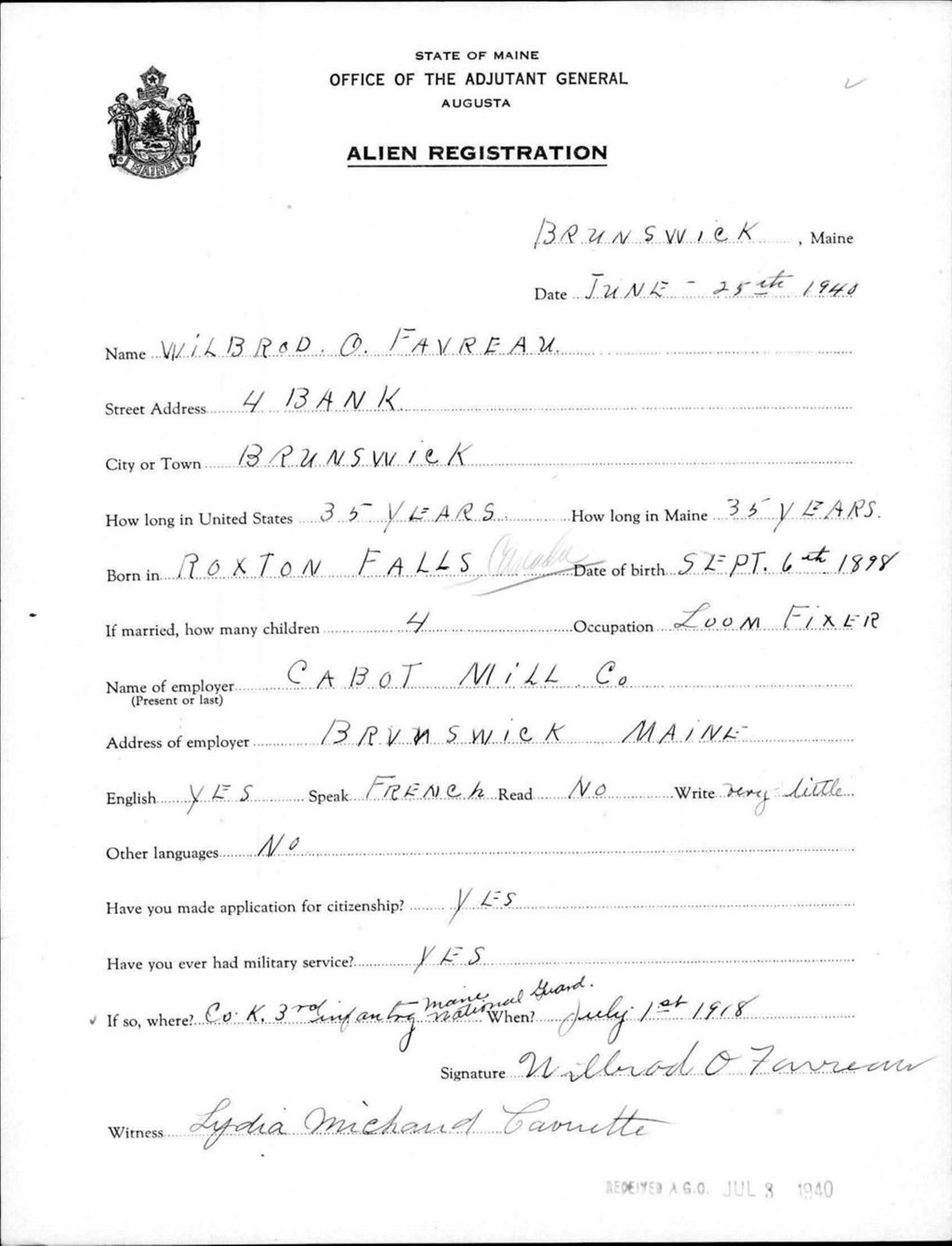 Miniature of Alien Registration- Favreau, Wilbrod O. (Brunswick, Cumberland County)