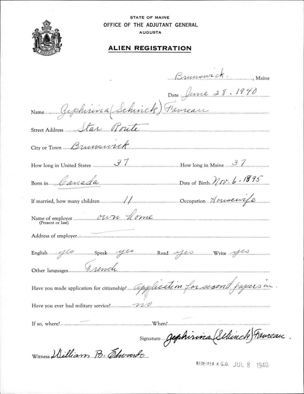 Miniature of Alien Registration- Schinck, Zephirina (Brunswick, Cumberland County)