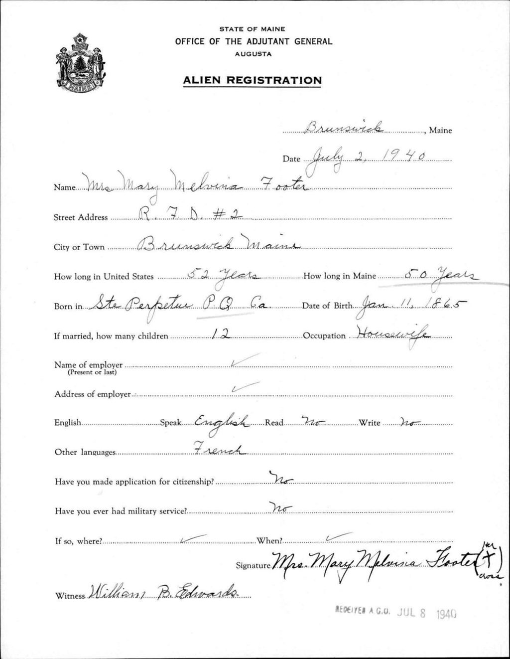 Miniature of Alien Registration- Footer, Mary M. (Brunswick, Cumberland County)