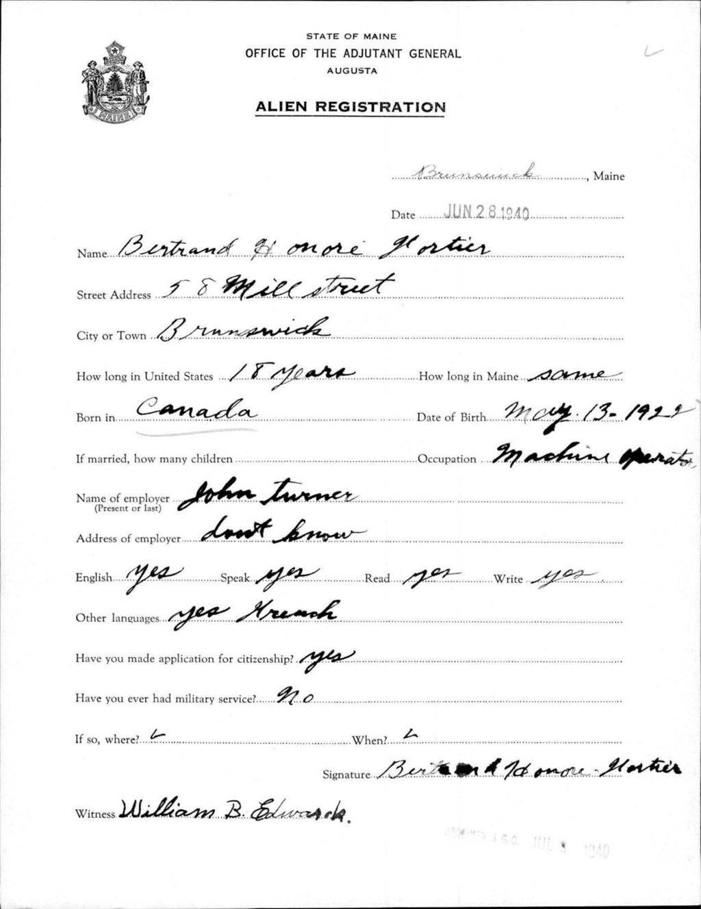 Miniature of Alien Registration- Fortier, Bertrand H. (Brunswick, Cumberland County)
