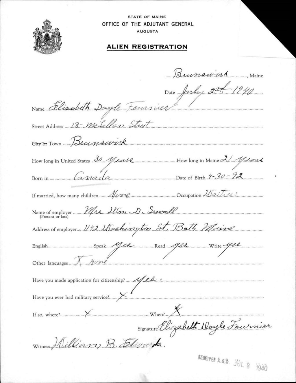 Miniature of Alien Registration- Fournier, Elizabeth D. (Brunswick, Cumberland County)