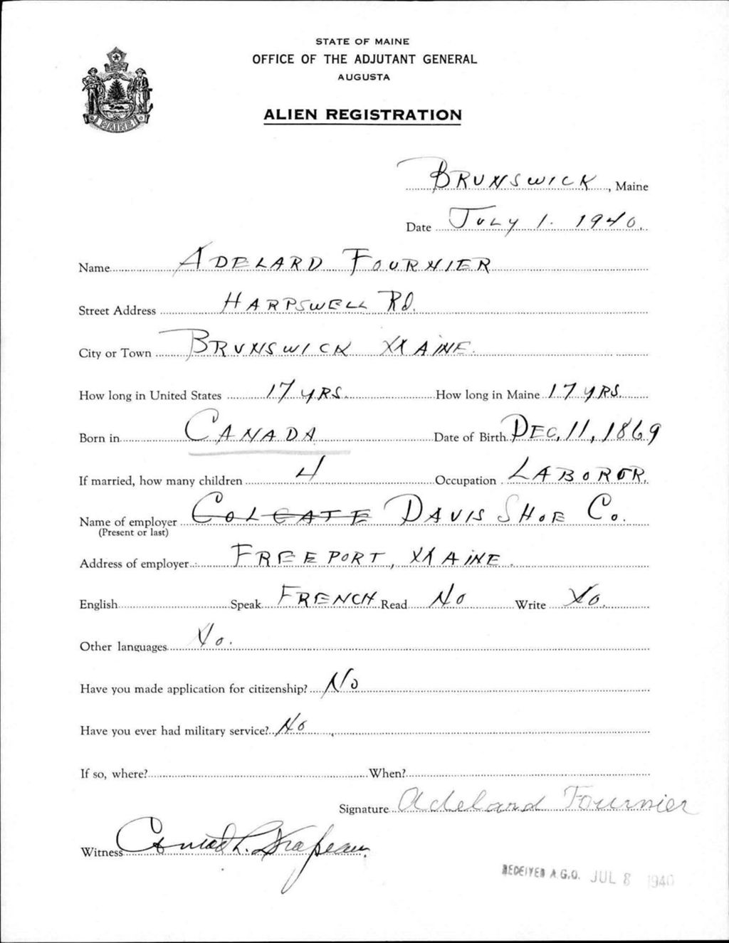 Miniature of Alien Registration- Fournier, Adelard (Brunswick, Cumberland County)