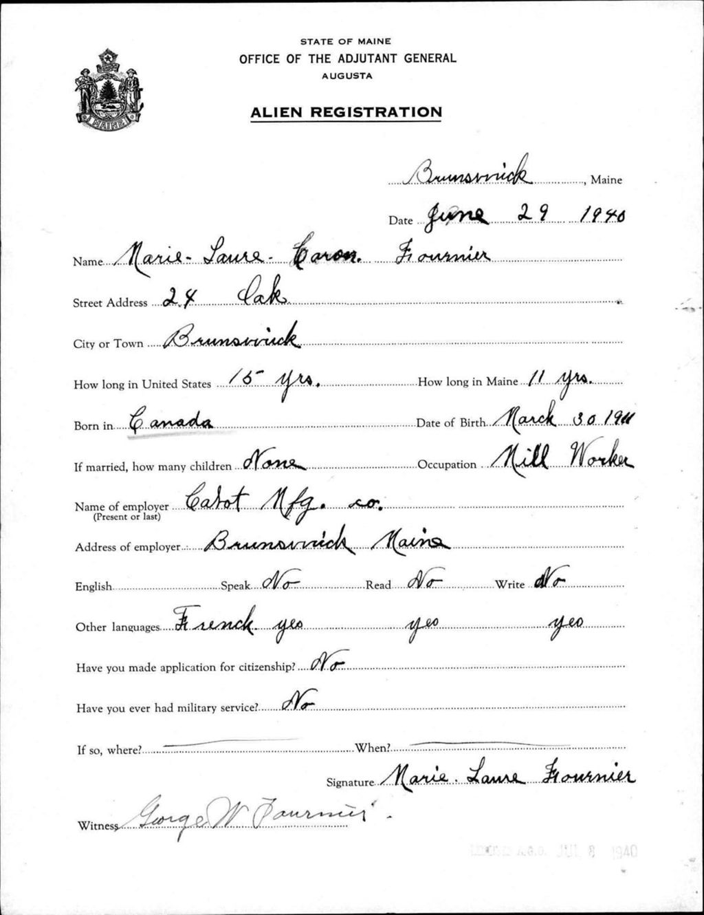 Miniature of Alien Registration- Caron, Marie-Laure (Brunswick, Cumberland County)