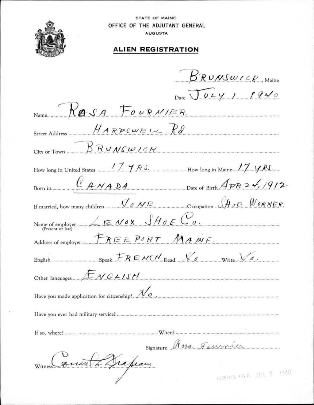 Miniature of Alien Registration- Fournier, Rosa (Brunswick, Cumberland County)