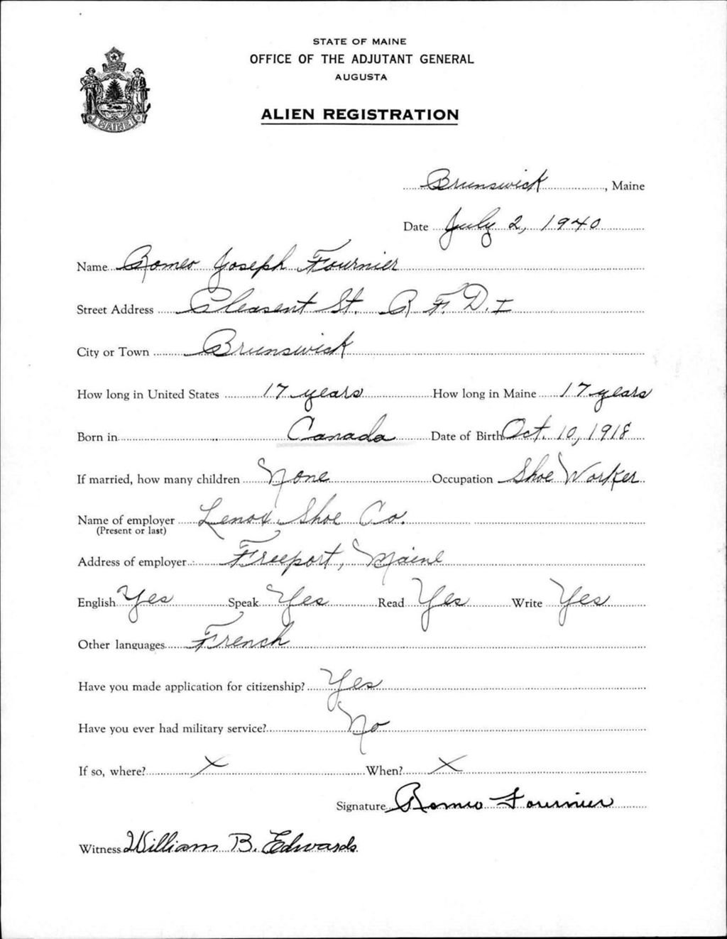 Miniature of Alien Registration- Fournier, Romeo J. (Brunswick, Cumberland County)
