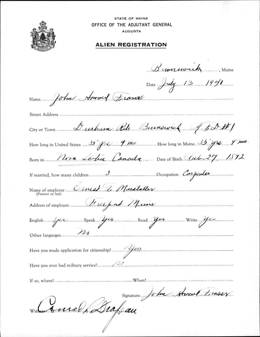 Miniature of Alien Registration- Fraser, John H. (Brunswick, Cumberland County)