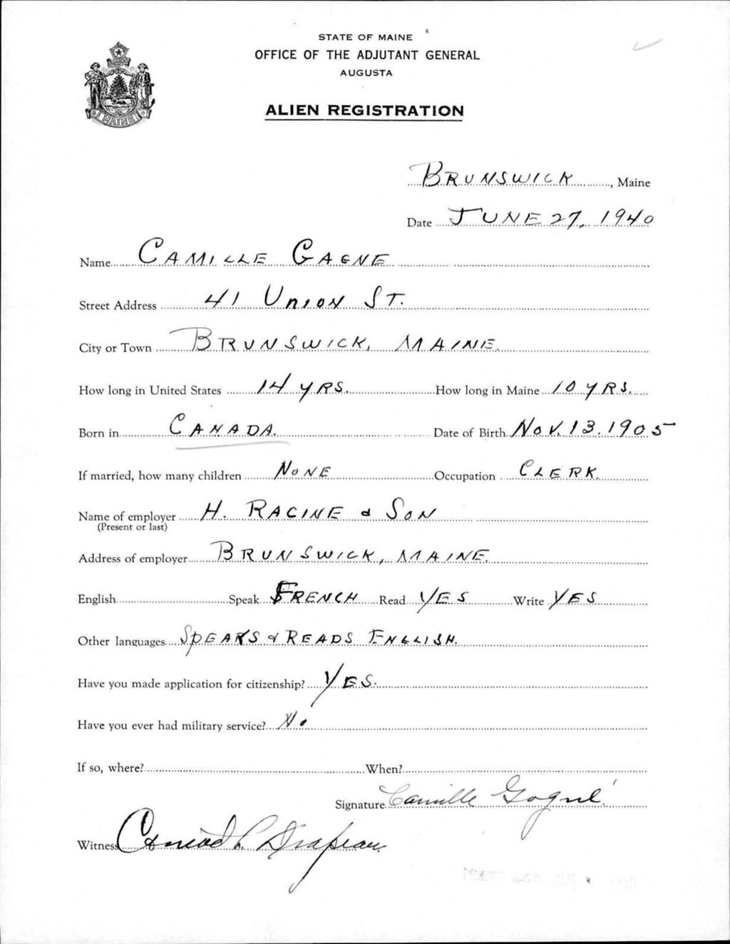 Miniature of Alien Registration- Gagne, Camille (Brunswick, Cumberland County)