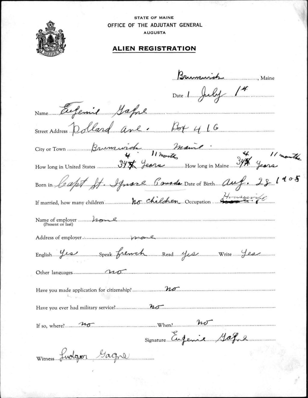 Miniature of Alien Registration- Gagne, Eugenie (Brunswick, Cumberland County)
