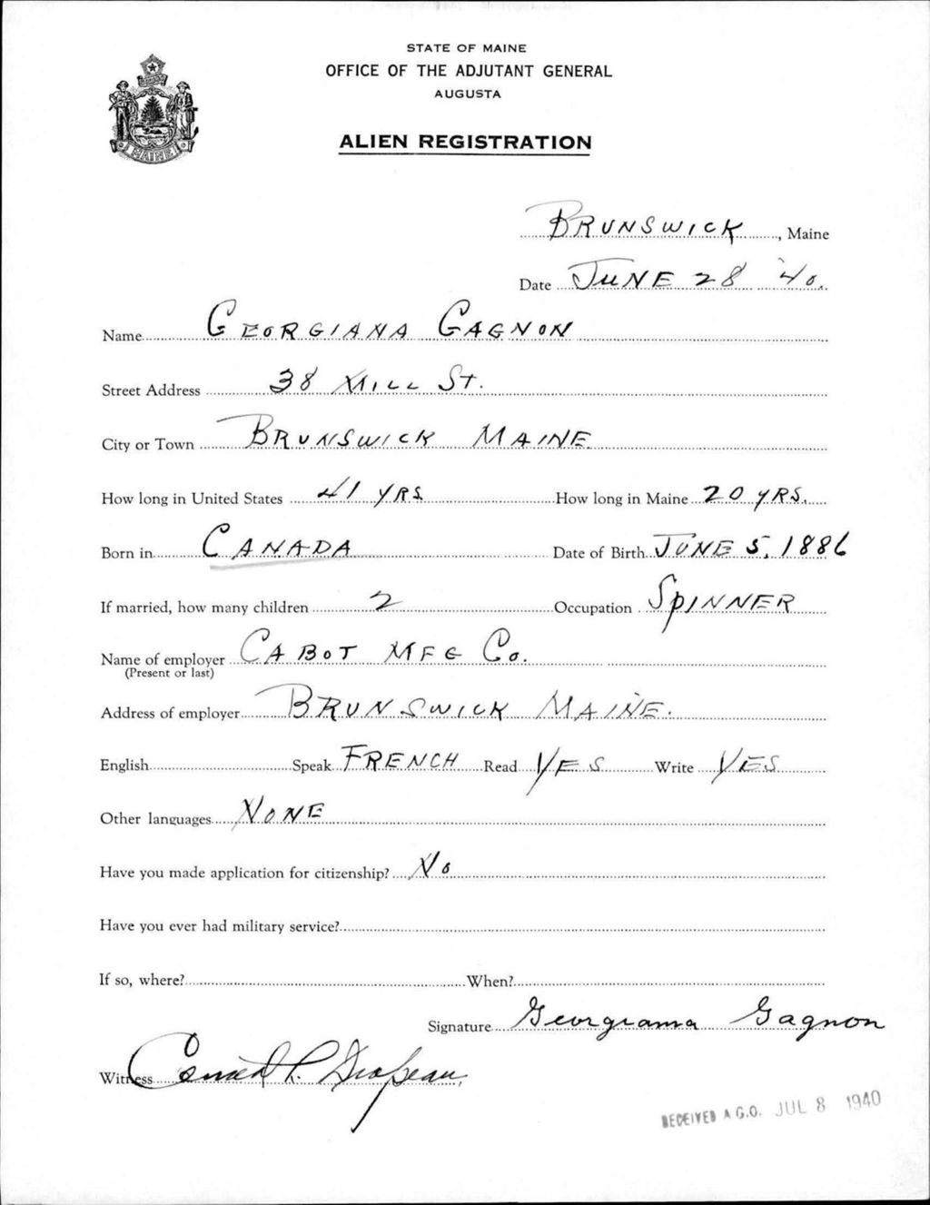 Miniature of Alien Registration- Gagnon, Georgiana (Brunswick, Cumberland County)