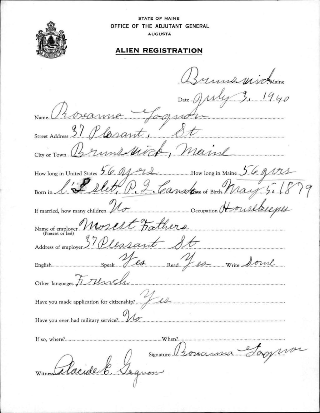 Miniature of Alien Registration- Gagnon, Roseanna (Brunswick, Cumberland County)