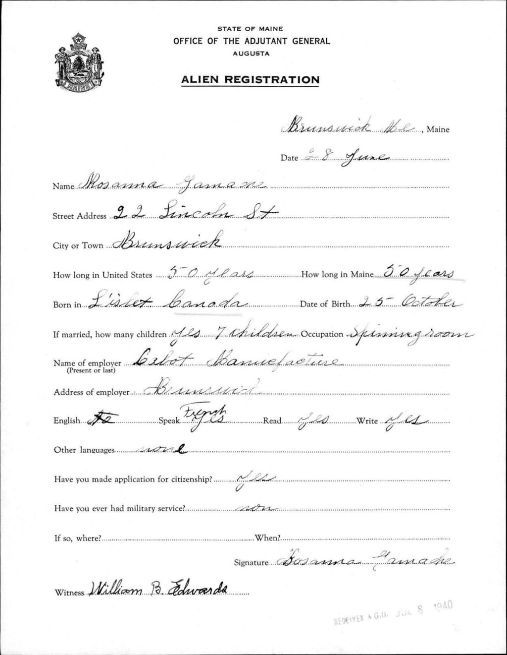 Miniature of Alien Registration- Gamache, Rosanna (Brunswick, Cumberland County)