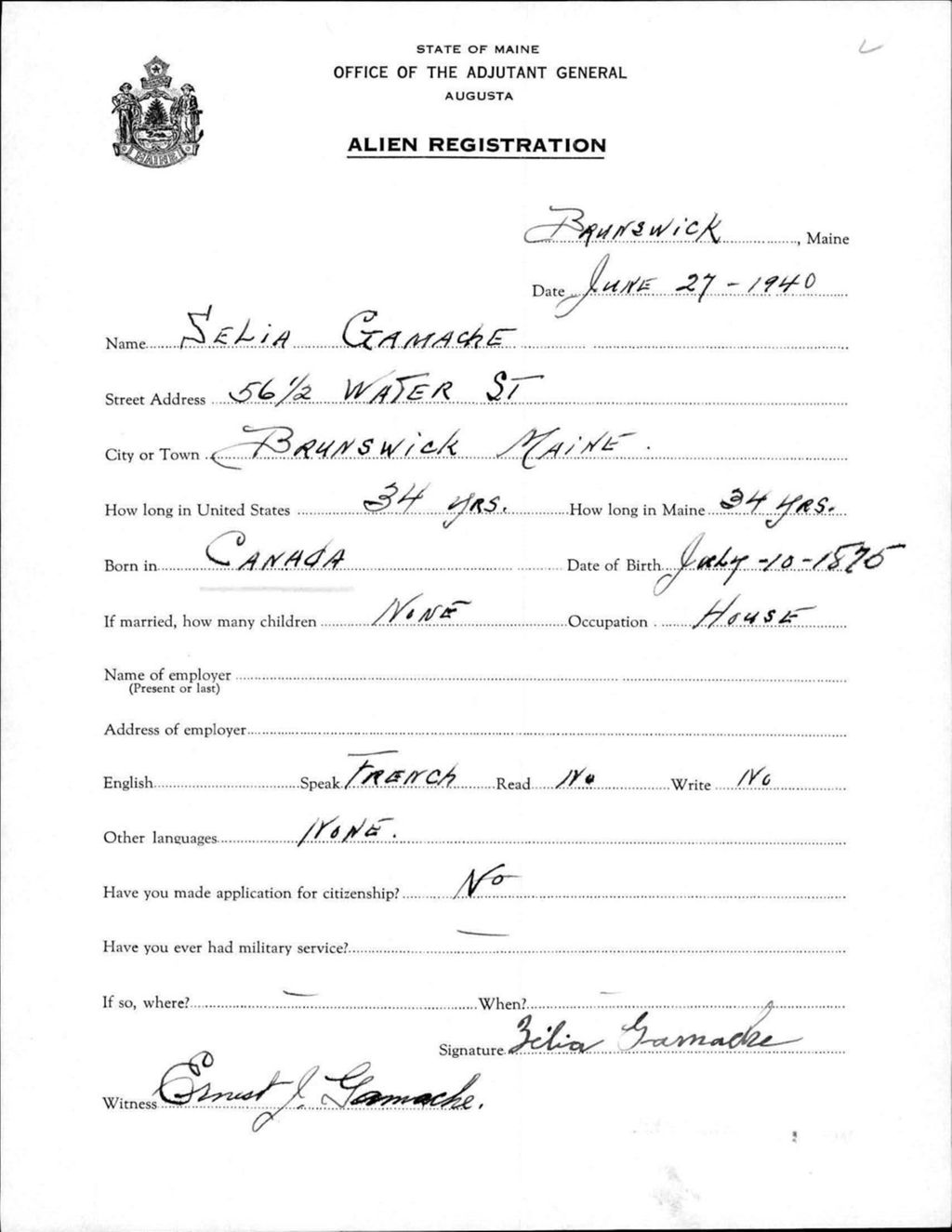 Miniature of Alien Registration- Gamache, Selia (Brunswick, Cumberland County)