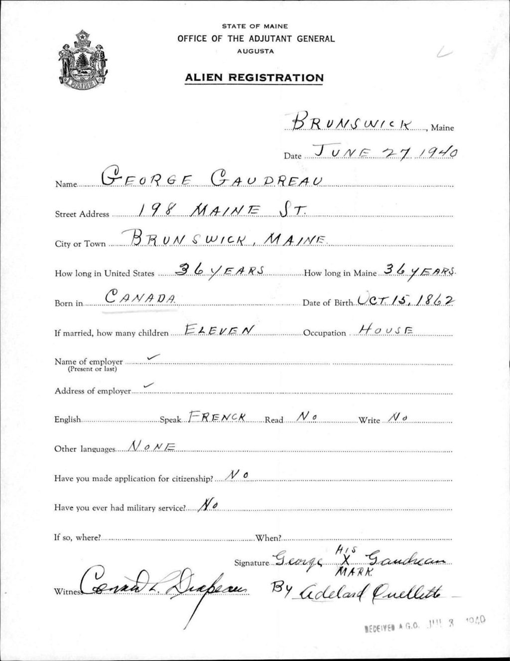 Miniature of Alien Registration- Gaudreau, George (Brunswick, Cumberland County)
