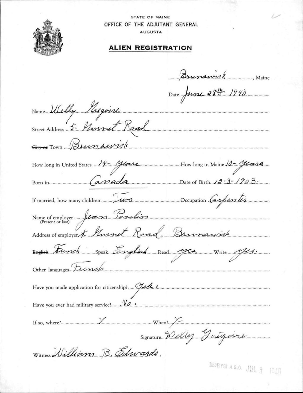 Miniature of Alien Registration- Gregoire, Willy (Brunswick, Cumberland County)