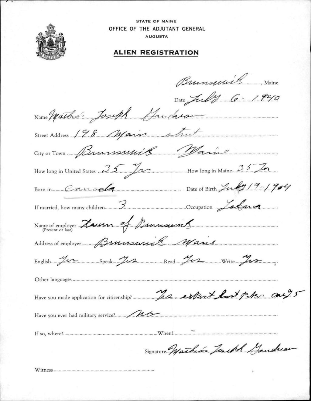 Miniature of Alien Registration- Gaucheau, Mathieu J. (Brunswick, Cumberland County)