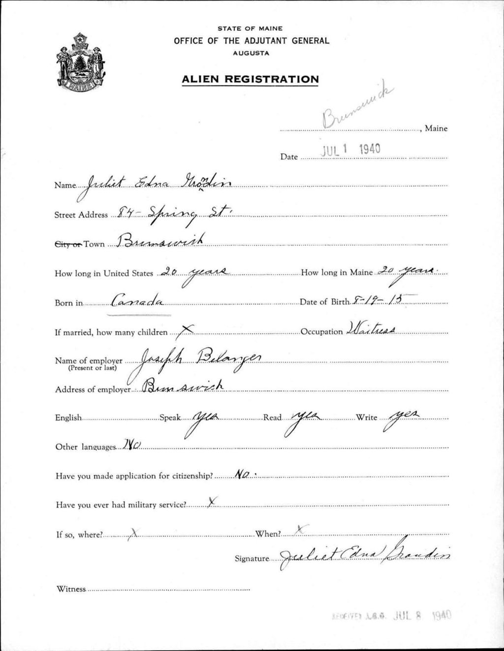 Miniature of Alien Registration- Groudin, Juliet E. (Brunswick, Cumberland County)