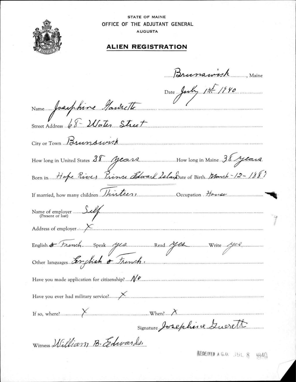 Miniature of Alien Registration- Gauerette, Josephine (Brunswick, Cumberland County)