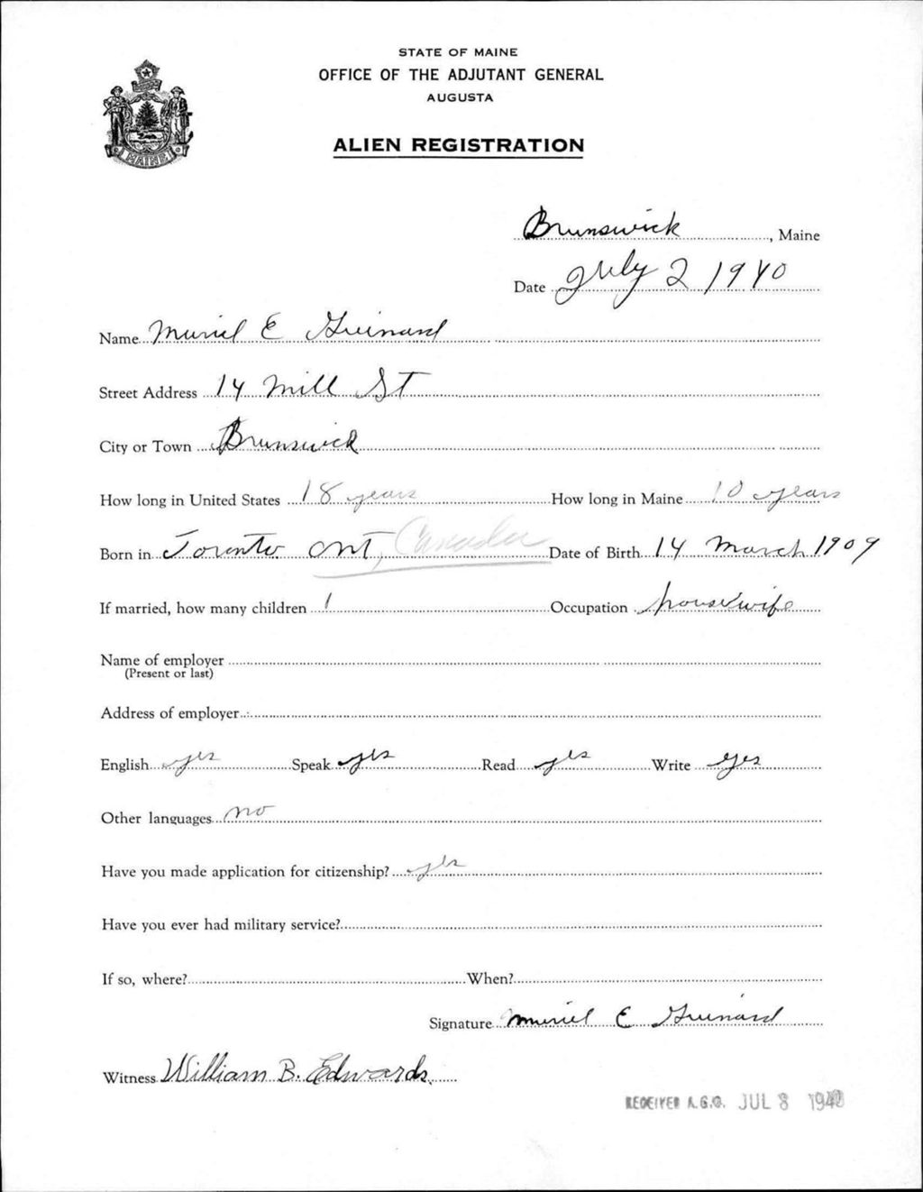 Miniature of Alien Registration- Guinard, Muriel E. (Brunswick, Cumberland County)