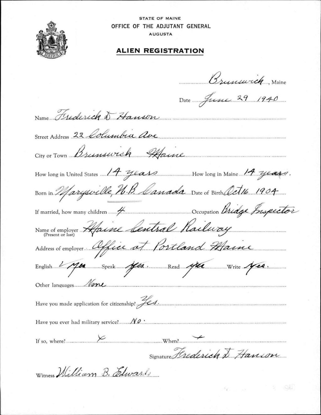 Miniature of Alien Registration- Hanson, Frederick D. (Brunswick, Cumberland County)